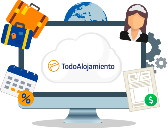 Computadora con calendario, valijas y facturas